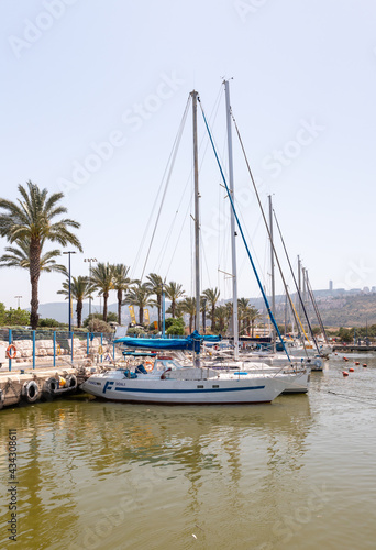 Berth parking with yachts in the Mediterranean Sea at the port of Haifa in Israel