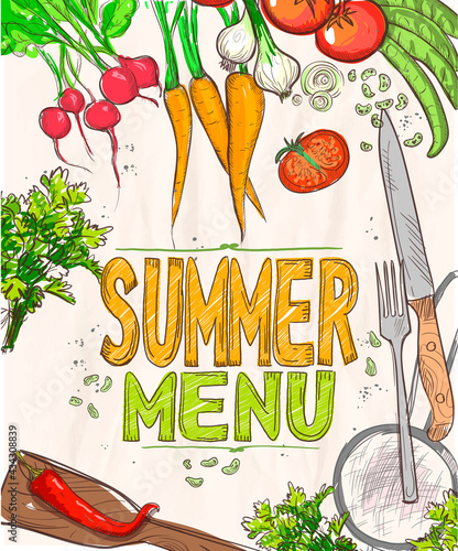 Summer menu poster vector template with raw vegetables