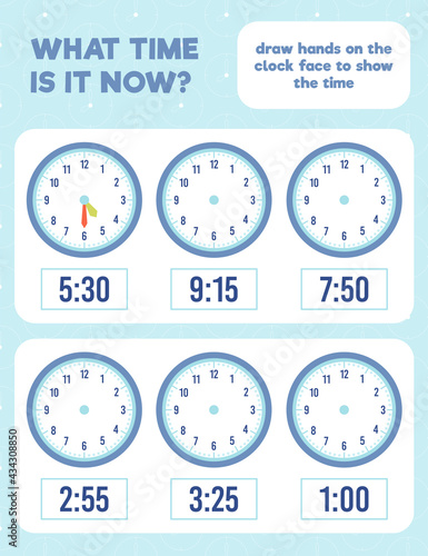 What time is it? Draw hands on the clock face. Time worksheet practice print page.