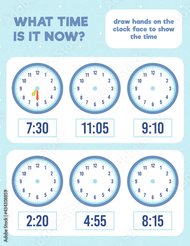 What time is it? Draw hands on the clock face. Time worksheet practice print page.