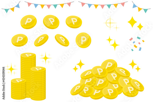 様々なポイントコインとガーランドや紙吹雪のイラスト　フラットデザイン　point coin icon