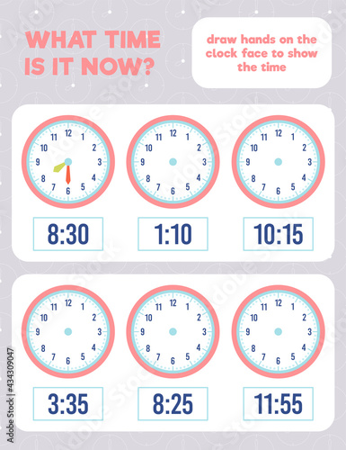 What time is it? Draw hands on the clock face. Time worksheet practice print page.