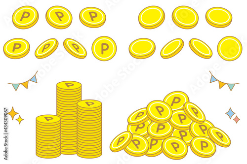 様々なポイントコインのイラスト　かわいい線画　point coin icon	