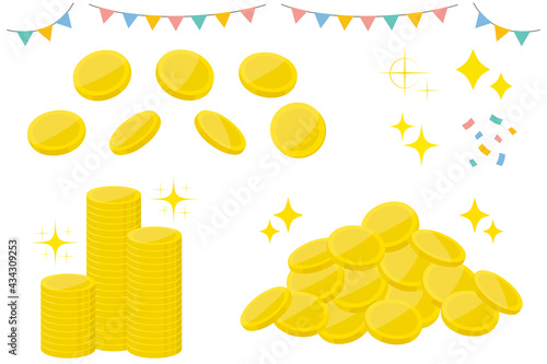様々なコインとガーランドや紙吹雪のイラスト　フラットデザイン　coin icon