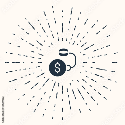 Grey Debt ball chained to dollar coin icon isolated on beige background. Big heavy debt weight with shackles and money. Financial crime, fee, crisis. Abstract circle random dots. Vector