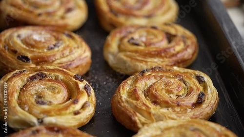 Homemade puff pastry cinnamon rolls with raisins placed on oven iron tray photo