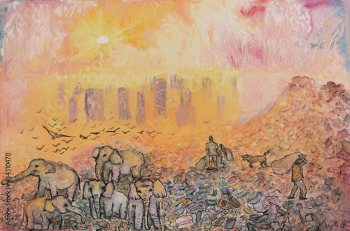 Elephant herd forage for food in landfill and waste pickers collect garbage on trash mountain in haze and toxic gases near city. Mixed media painting. Global waste problem
