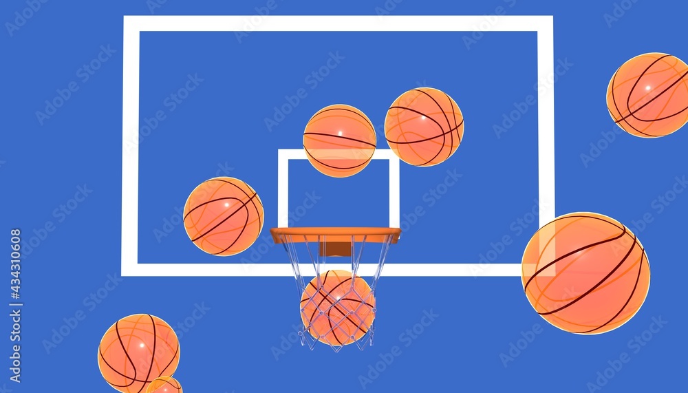 3d illustration of basketballs that go up to the basket and some score. Graphic representation with bright colors on a blue background. Front view.