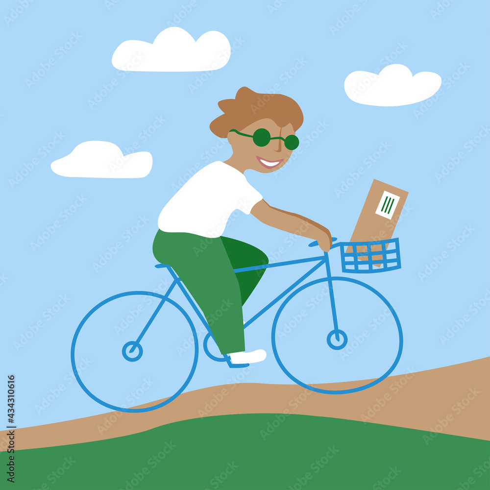 Green parcels delivery by bike. Guy cyclist with a package on minimalistic nature background. Eco friendly delivery concept. Green parcels delivery by bike. Guy cyclist with a package on minimalistic nature background. Eco friendly delivery concept.