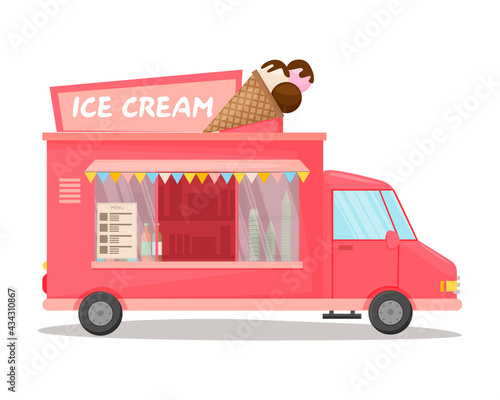 Vector Illustration of an Ice Cream Van. The Cone on the Roof.For Design, Web, Graphic. Cartoon style.Ice Cream Truck.  Mobile shop. flat style. isolated on white background