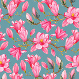 Seamless pattern with watercolor magnolia branches and pink flowers on a blue background. Spring floral watercolor pattern.