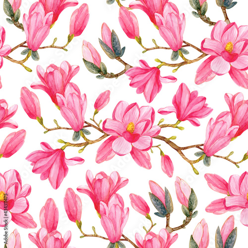 Seamless pattern with watercolor magnolia branches and pink flowers on a white background. Spring floral watercolor pattern.
