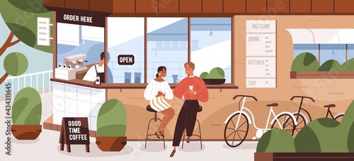 Happy modern people sitting on chairs at street kiosk or coffee shop. Couple with bicycles resting near small grab-and-go cafeteria in summer. Colored flat vector illustration of city lifestyle