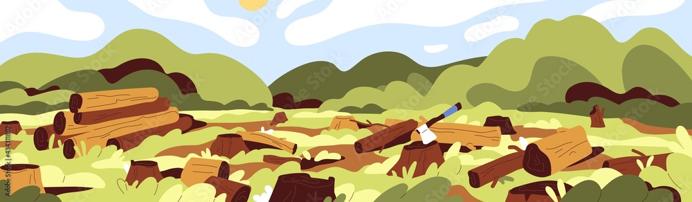 Landscape of dead nature with cut felled trees in forest. Deforestation, wood devastation and ecosystem destruction concept. Panoramic view of trunks and stumps. Colored flat vector illustration - obrazy, fototapety, plakaty 
