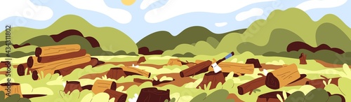 Landscape of dead nature with cut felled trees in forest. Deforestation, wood devastation and ecosystem destruction concept. Panoramic view of trunks and stumps. Colored flat vector illustration