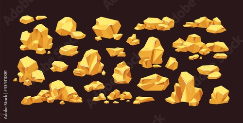 Set of isolated gold mine nuggets and rocks. Piles and heaps of golden gem stones. Solid jewels of natural shapes. Big and small shiny crystals of gemstones. Colored flat vector illustration