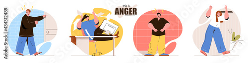 This is Anger concept scenes set. Aggressive men and women screams. Negative emotions, problems, feelings expression. Collection of people activities. Vector illustration of characters in flat design