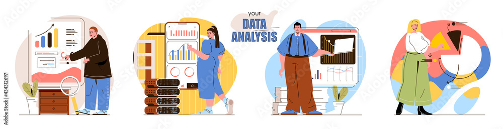 Your Data Analysis concept scenes set. Analysts in office work with statistics, analyze business development graphs. Collection of people activities. Vector illustration of characters in flat design Your Data Analysis concept scenes set. Analysts in office work with statistics, analyze business development graphs. Collection of people activities. Vector illustration of characters in flat design