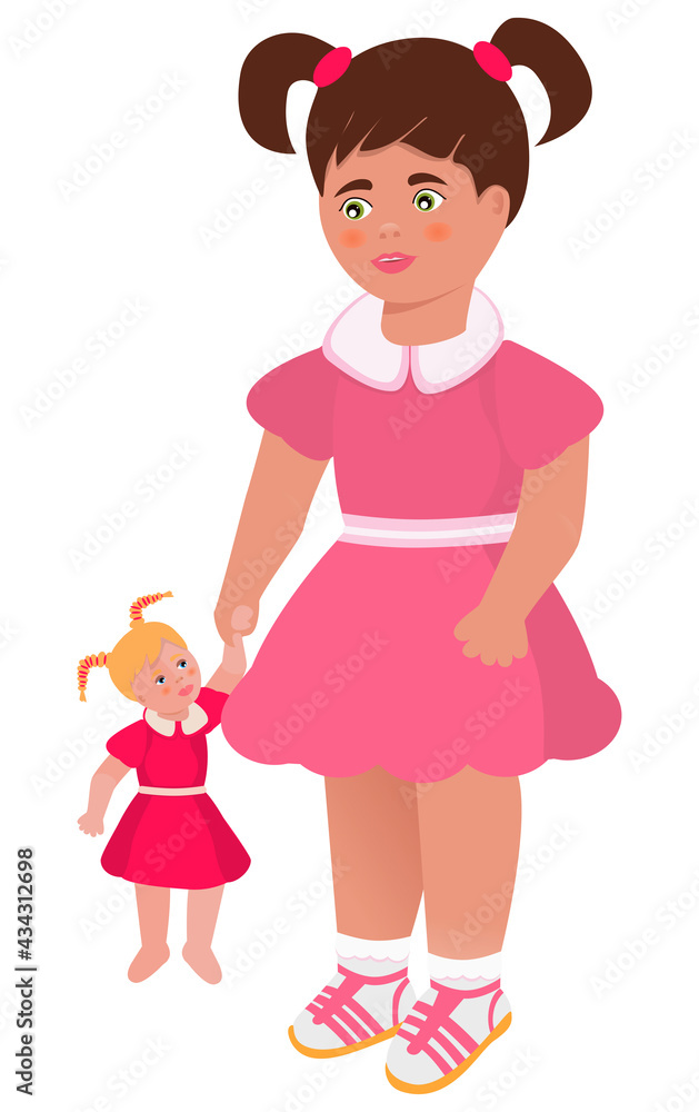 Girl with a doll. Cartoon style. Vector. Close-up. Can be used for childrens illustrations, postcards, greetings, web collage designs. Girl with a doll. Cartoon style. Vector. Close-up. Can be used for childrens illustrations, postcards, greetings, web collage designs.