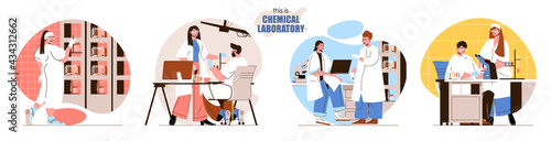 This is Chemical Laboratory concept scenes set. Researchers do lab tests with flasks, test tubes, scientific research. Collection of people activities. Vector illustration of characters in flat design