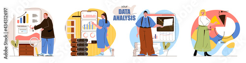 Your Data Analysis concept scenes set. Analysts in office work with statistics, analyze business development graphs. Collection of people activities. Vector illustration of characters in flat design