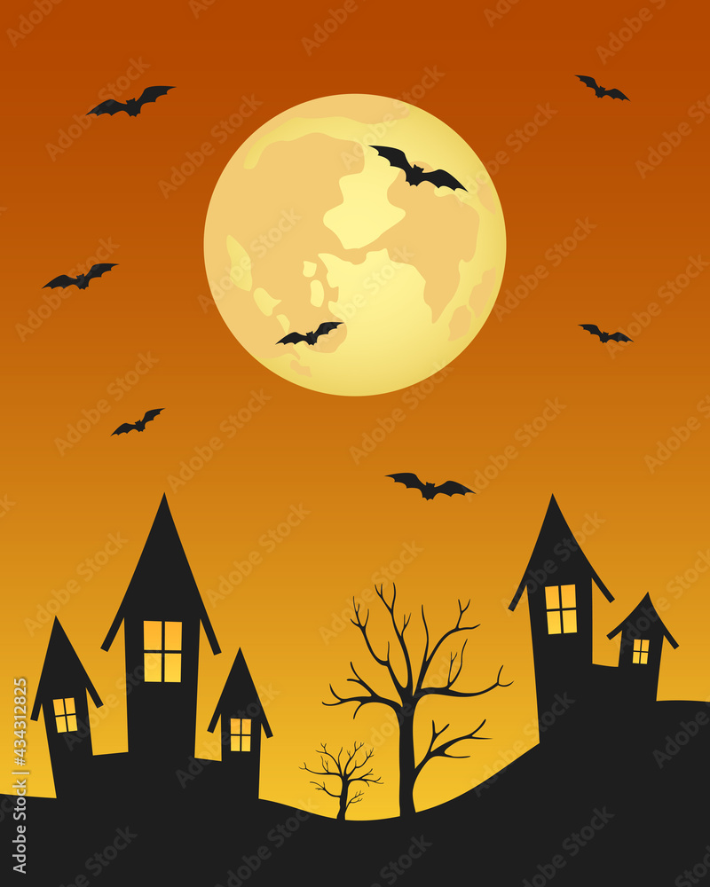 Bats flying over night town. Full moon. Vector illustration.