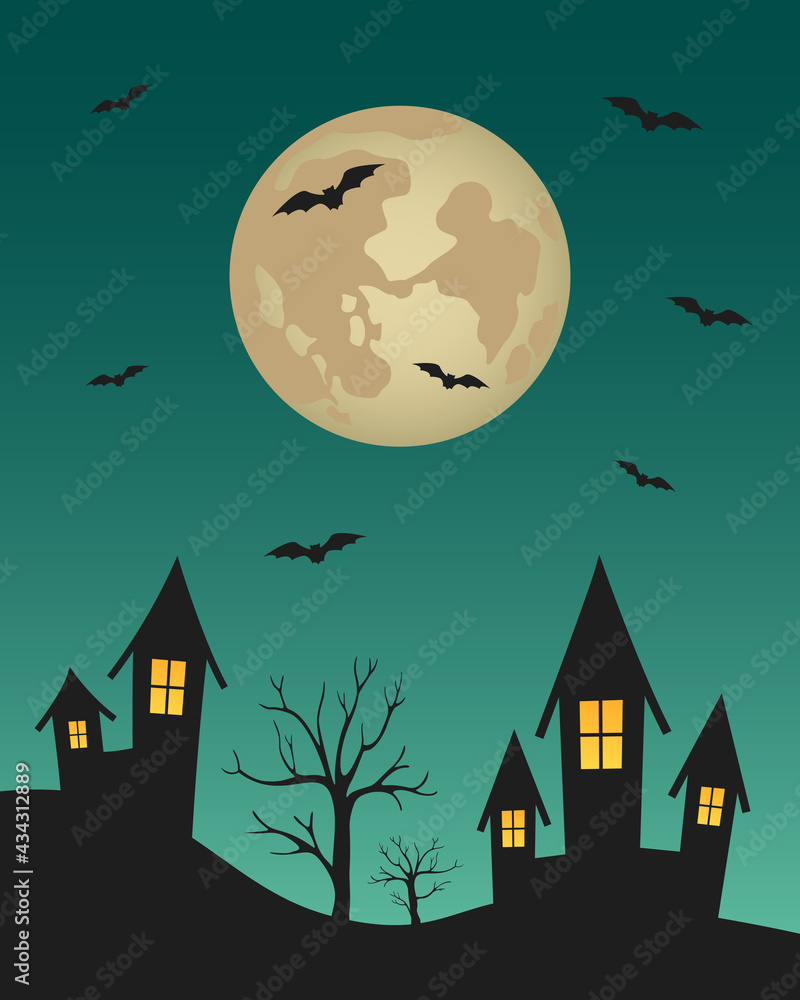 Full moon over night town. Cartoon. Vector illustration.