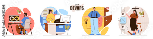 Your DevOps concept scenes set. Programmers working on software development, operations process, technical support. Collection of people activities. Vector illustration of characters in flat design