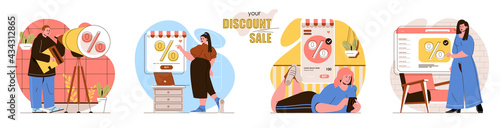 Your Discount Sale concept scenes set. Shoppers look for best offers for shopping, buy online in apps special prices. Collection of people activities. Vector illustration of characters in flat design