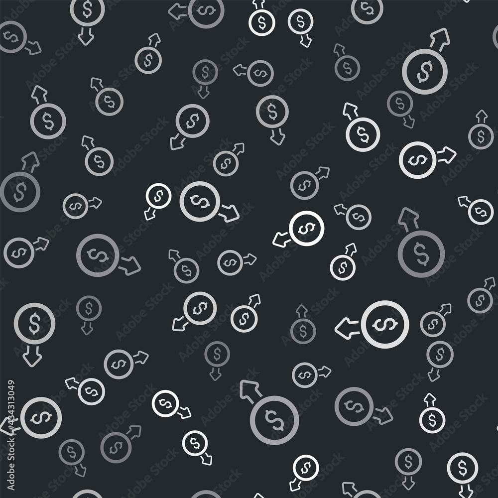 Grey Dollar rate decrease icon isolated seamless pattern on black background. Cost reduction. Money symbol with down arrow. Business lost crisis decrease. Vector