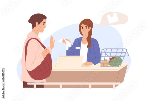 Customer with reusable bag refusing from disposable plastic pack, offered in grocery store. Conscious consumption and shopping concept. Colored flat vector illustration isolated on white background