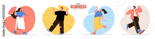 Your Gladness concept scenes set. Smiling men and women jumps and expression positive emotions. Joy or happy feelings. Collection of people activities. Vector illustration of characters in flat design