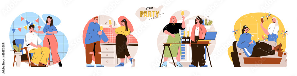 Your Party concept scenes set. Happy friends celebrating, dancing, drinking, having fun together. Festive decoration. Collection of people activities. Vector illustration of characters in flat design Your Party concept scenes set. Happy friends celebrating, dancing, drinking, having fun together. Festive decoration. Collection of people activities. Vector illustration of characters in flat design
