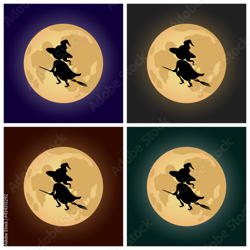 Witch flying on broomstick on full moon background. Vector illustration.