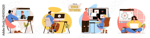 This is Video Tutorial concept scenes set. Men and women watching videos, learning online, training new skills. Collection of people activities. Vector illustration of characters in flat design