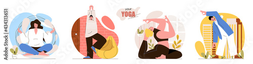Your Yoga concept scenes set. Men and women practice asanas, training body, relax and meditate in lotus position. Collection of people activities. Vector illustration of characters in flat design