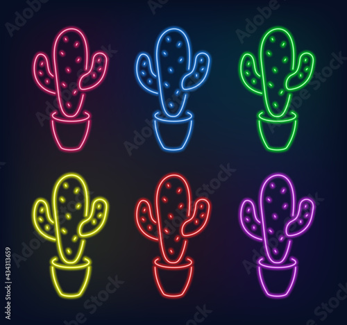 Neon sign. Set of neon cacti in different colors. Neon lines on a dark background.