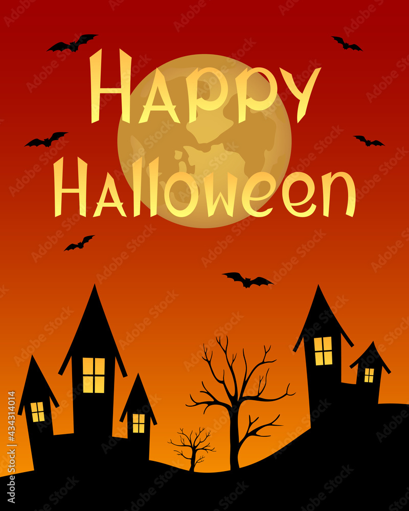 Halloween poster. Bats flying over town. Full moon. Vector illustration.
