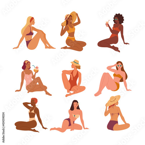 Women in swimsuits collection. Vector illustration of diverse young cartoon women sits in various poses and swim suits: bikini, one piece swimsuit. Isolated on white