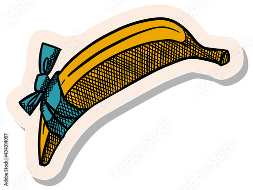 Hand drawn sticker style Banana with bandage sketch doodle vector illustration