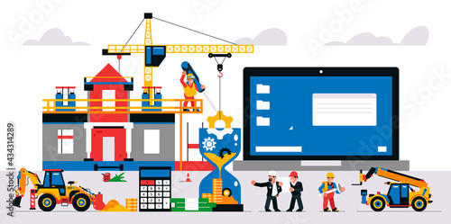 The website is under construction. Technical work, error page. Construction site, machinery, builders, unfinished building, calculator, hourglass, time, gears. Vector illustration on background.
