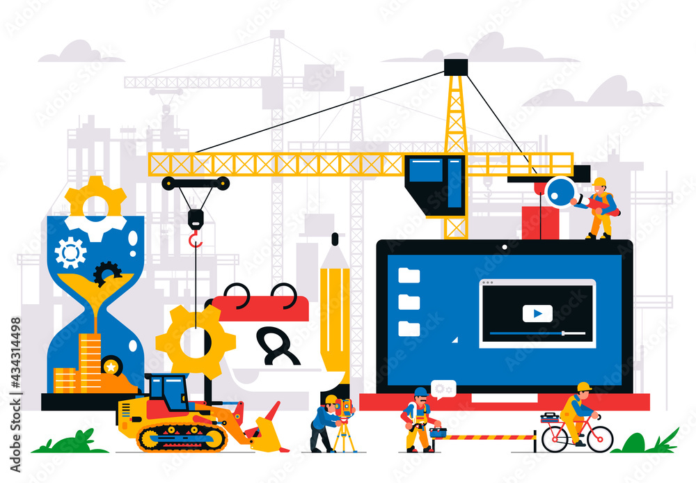 The website is under construction. Error page, maintenance. Construction site, machinery, crane, workers, computer, website, calendar hourglass gears tools Isolated vector illustration