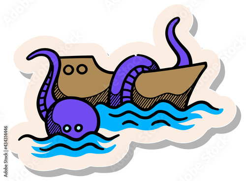 Hand drawn sticker style Ship and giant octopus icon vector illustration