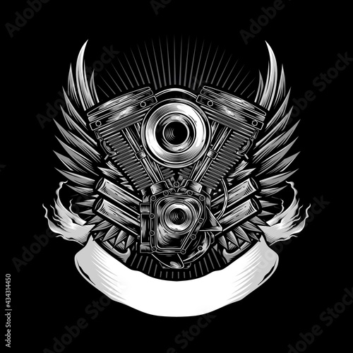 motorcycle engine with wing logo vector