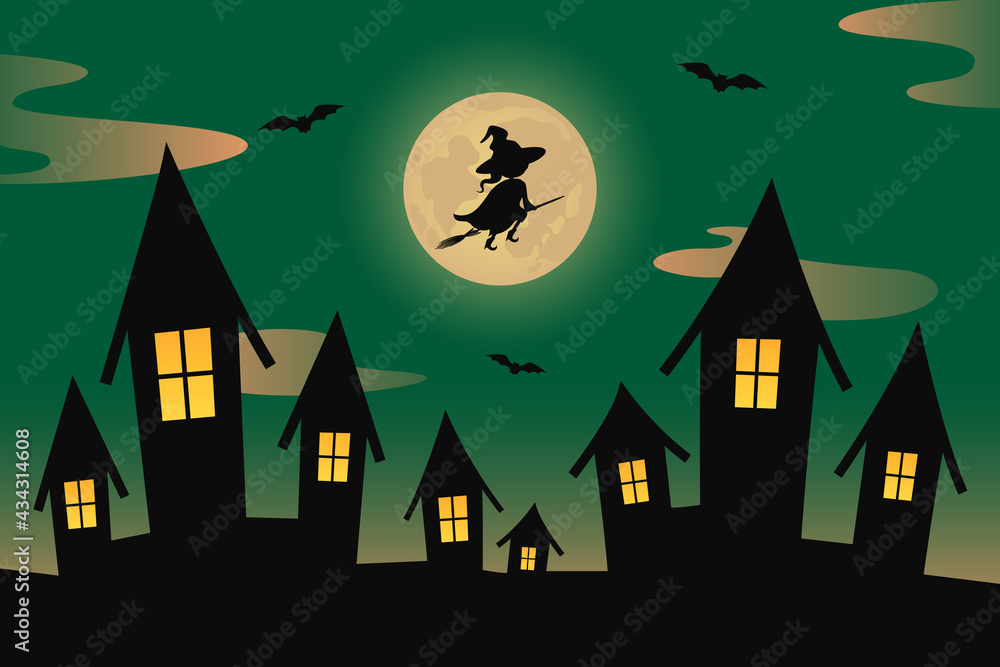 Witch flying on broom over town. Vector illustration.