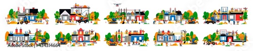 A set of houses under construction. Collection of construction sites. Transport, equipment, builders, house, building site, workers, excavator, bulldozer, concrete mixer tractor Vector illustration