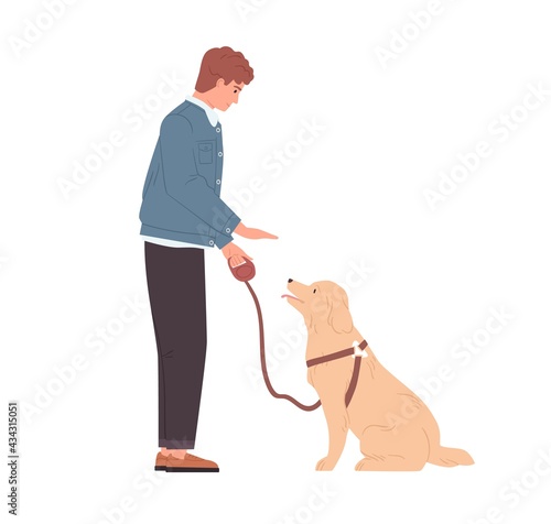 Young man teaching and training his dog to sit by hand gesture command. Well-behaved doggy and pet owner. Person coaching obedient puppy. Colored flat vector illustration isolated on white background