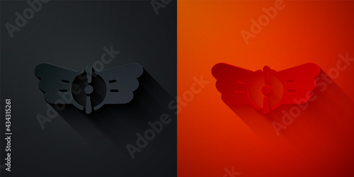 Paper cut Aviation emblem icon isolated on black and red background. Military and civil aviation icons. Flying emblem, eagle bird wing and winged frame. Paper art style. Vector