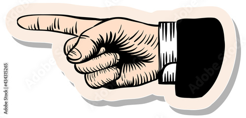 Hand drawn sticker style Pointing index finger in retro sketch vector illustration