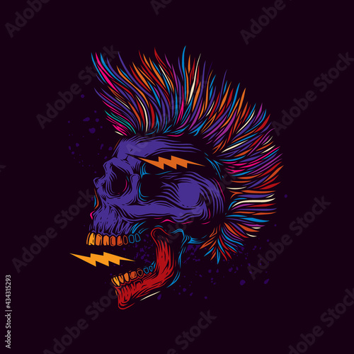 Abstract vector illustration. A skull with an open mouth and a punk rock hairstyle. T-shirt design, stickers, print.